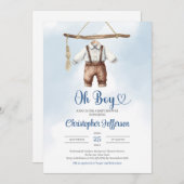 ミニマリストブルーとブラウンの男の子服ベビーシャワー 招待状 (正面/裏面)
