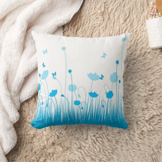 ミニマリストブルーとホワイトポピーズメドウフローラ クッション (ブランケット)