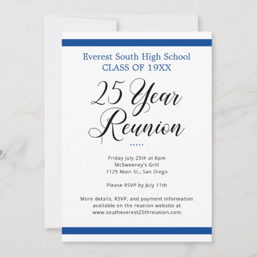 ミニマリストブルーとホワイト25年クラス懇親会 招待状 (正面)