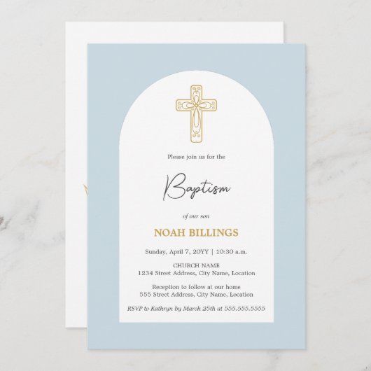 ミニマリストブルーと金ゴールドクロスバプテスマ 招待状 (正面/裏面)