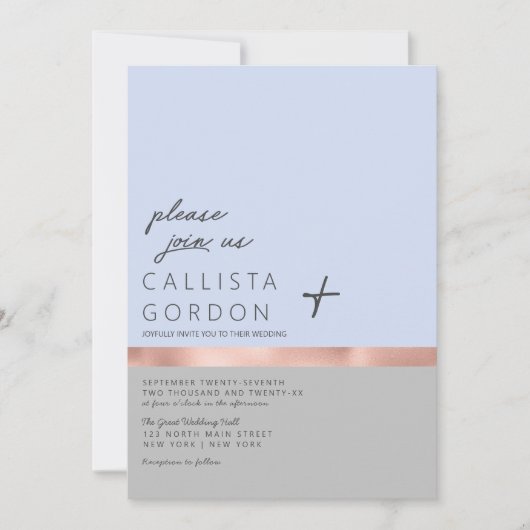 ミニマリストブルーグレーバラ金ゴールドカラーブロック結婚ズ 招待状 (正面)