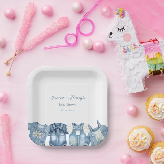 ミニマリストブルージャンベビーシャワーデニム ペーパープレート (パーティー)