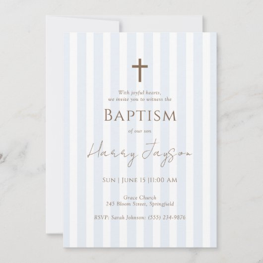 ミニマリストブルーストライプバプテスマ招待状 招待状 (正面)