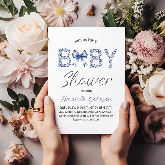 ミニマリストブルートイレデジュイとボウベビーシャワー 招待状