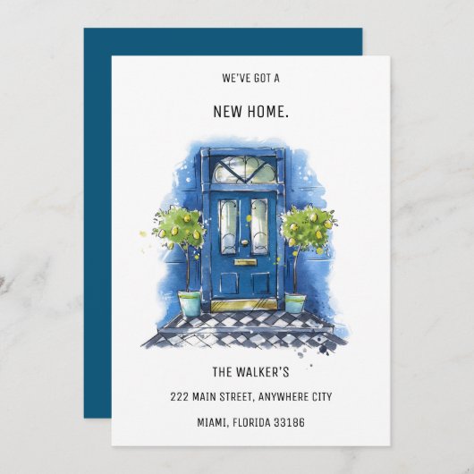 ミニマリストブルーハウスドアの移動発表 招待状 (正面/裏面)