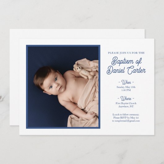 ミニマリストブルーバプテスマ招待状 セーブザデート (正面/裏面)