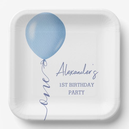 ミニマリストブルーバルーンボーイ1st誕生日 ペーパープレート (正面)