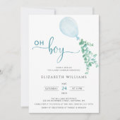 ミニマリストブルーバルーンユーカリプトゥスボーイベビーシャワー 招待状 (正面)