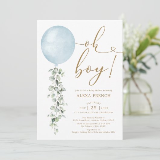 ミニマリストブルーバルーンユーカリプトゥスボーイベビーシャワー 招待状 (スタンド正面)
