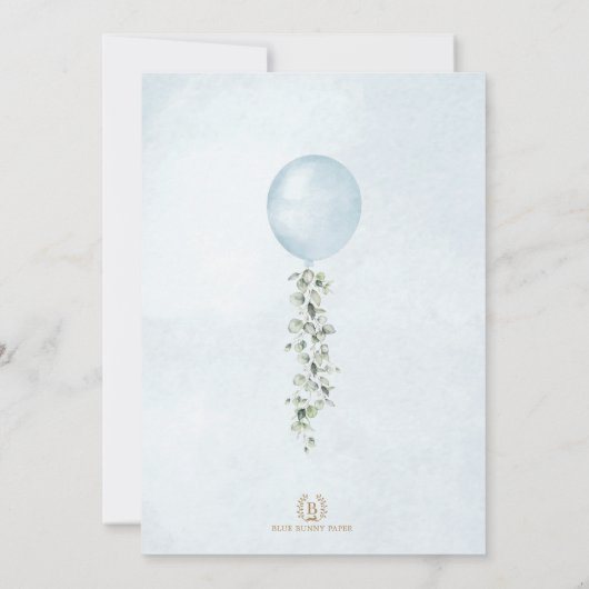 ミニマリストブルーバルーンユーカリプトゥスボーイベビーシャワー 招待状 (裏面)