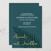 ミニマリストブルーパームリーフ結婚式招待状 招待状 (正面/裏面)