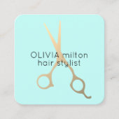 ミニマリストブルーフェイク金ゴールドはさみ美容師 スクエア名刺 (正面)