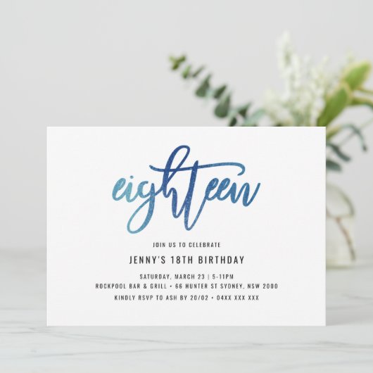 ミニマリストブルーフォイル18誕生日招待状 招待状 (スタンド正面)