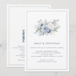 ミニマリストブルーフラワーズシングルライン境界QR結婚式 招待状