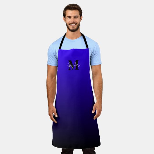 ミニマリストブルーブラック名グラデーションモノグラムエプロン エプロン (着用した状態)