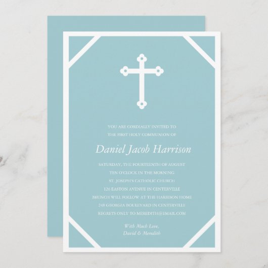 ミニマリストブルーボーイズファーストコミュニオン 招待状 (正面/裏面)