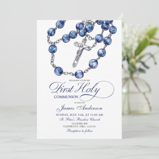 ミニマリストブルーロザリーボーイバプテスマ招待状 招待状 (スタンド正面)