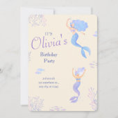 ミニマリストブルー&クリームガールズマーメイド誕生日 招待状 (正面)