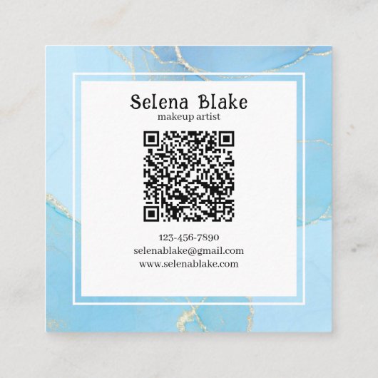 ミニマリストブルー&ホワイトスクエアスタイル+ QRコード スクエア名刺 (裏面)