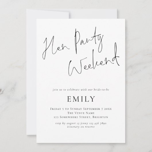 ミニマリストヘンパーティー旅程ウィークエンド任意の色 招待状 (正面)