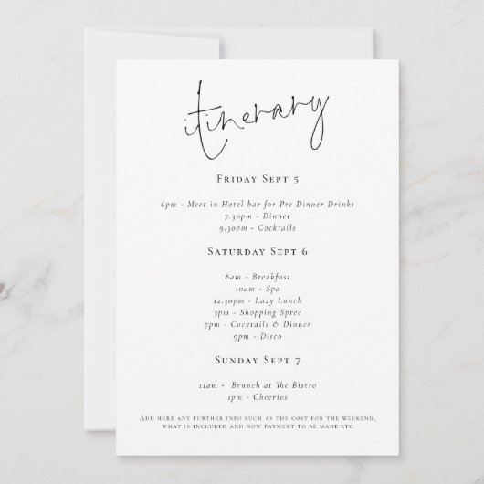 ミニマリストヘンパーティー旅程ウィークエンド任意の色 招待状 (裏面)