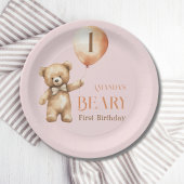 ミニマリストベアーピンクガールBeary 1st誕生日 ペーパープレート