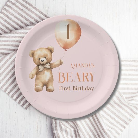 ミニマリストベアーピンクガールBeary 1st誕生日 ペーパープレート