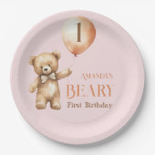 ミニマリストベアーピンクガールBeary 1st誕生日 ペーパープレート (正面)