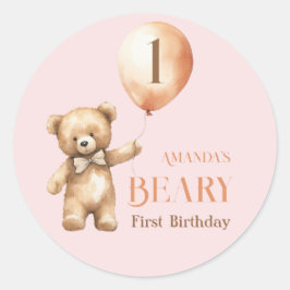 ミニマリストベアーピンクガールBeary 1st誕生日 ラウンドシール