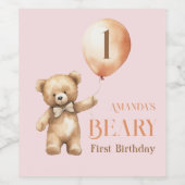 ミニマリストベアーピンクガールBeary 1st誕生日 ワインラベル (シングルラベル)