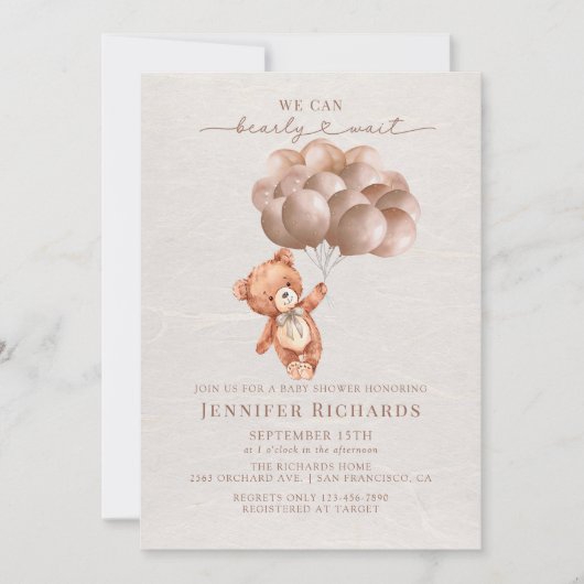 ミニマリストベイビーシャワー | Bearly Wait 招待状 (正面)