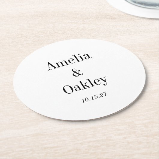 ミニマリストベーシック白エレガントなウェディングカスタム ラウンドペーパーコースター (アングル)