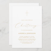 ミニマリストホワイトおよび金ゴールドエレガントスクリプト《キリスト教》洗礼式や命名式 招待状 (正面/裏面)
