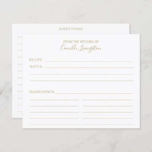 ミニマリストホワイトおよび金ゴールドカスタムレシピカード (正面/裏面)