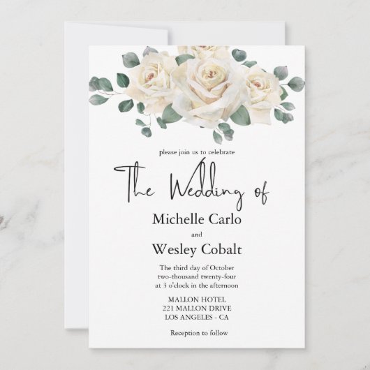 ミニマリストホワイトアンドグリーンバラ結婚式招待状 招待状 (正面)