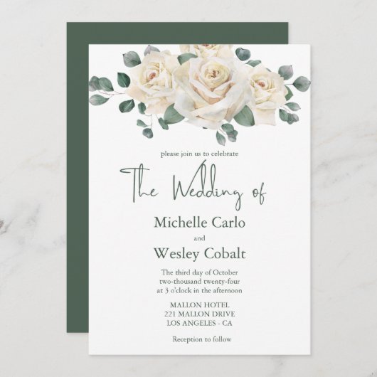 ミニマリストホワイトアンドグリーンバラ結婚式招待状 招待状 (正面/裏面)