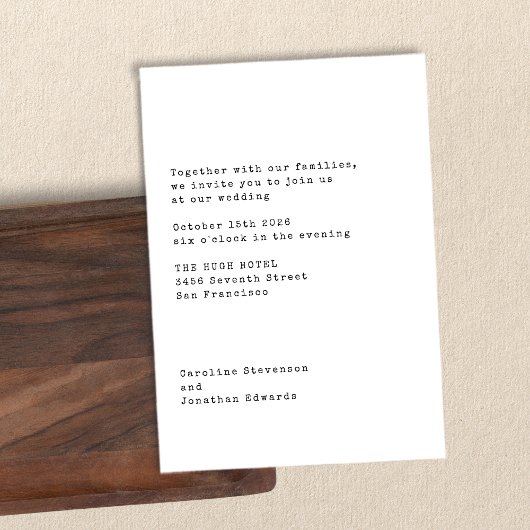 ミニマリストホワイトタイプライターテイポグラフィーウェディング 招待状