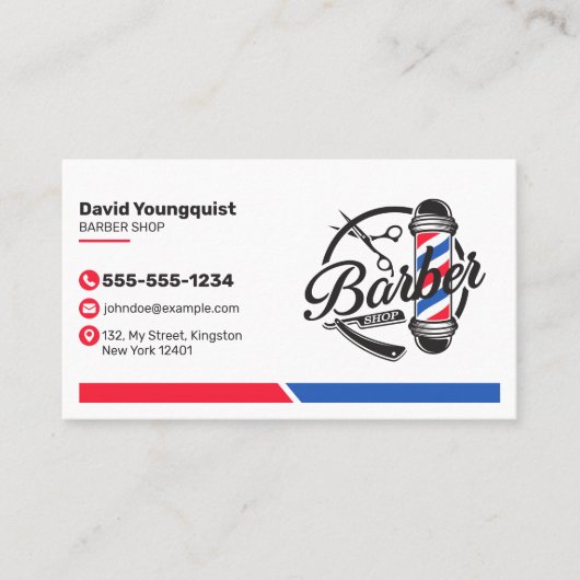 ミニマリストホワイトバーバーバーショップサロンダードレッサー 名刺 (正面)