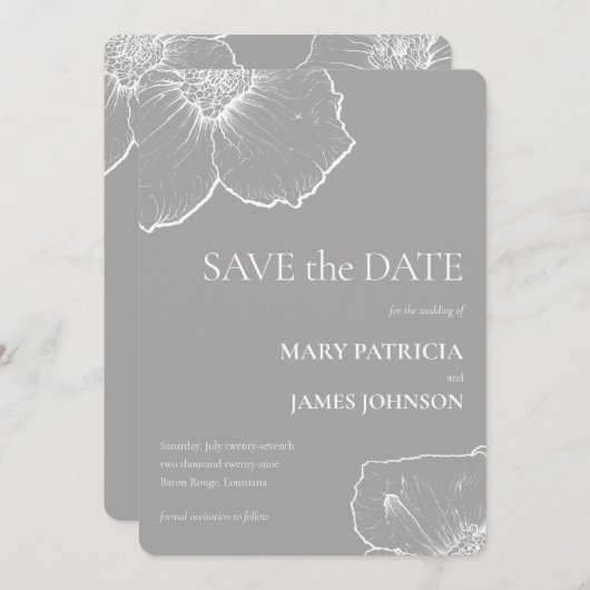 ミニマリストホワイトフローラクレマティススケッチ結婚ズ セーブザデート (正面/裏面)