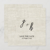 ミニマリストホワイトリネン救ヴィンテージ日付イニシャル 案内状 (正面/裏面)