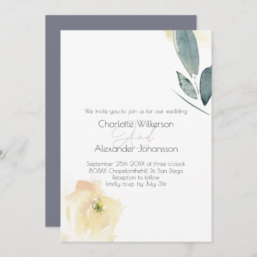 ミニマリストホワイトローズフローラ水彩 招待状 (正面/裏面)
