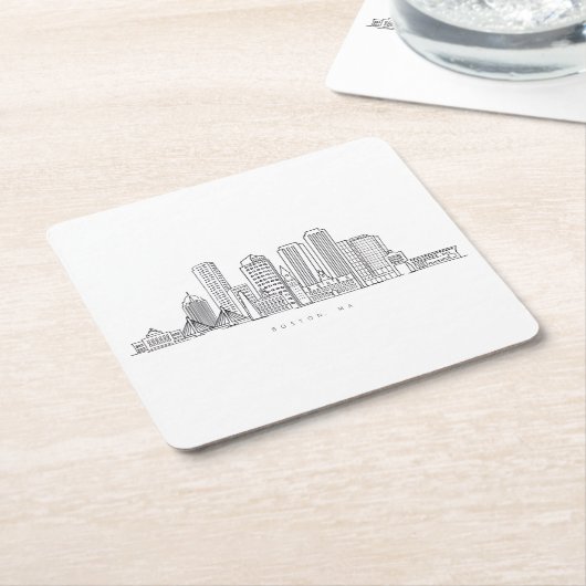 ミニマリストボストンシティスカイラインイラストレーション スクエアペーパーコースター (アングル)