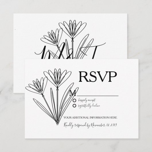 ミニマリストボタニカルフラワーラインアート結婚式RSVP 招待状 (正面/裏面)