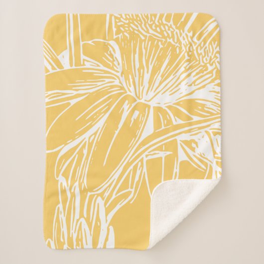 ミニマリストボタニカルフローララインスケッチイエロー シェルパブランケット (正面)