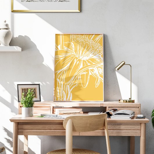 ミニマリストボタニカルフローララインスケッチイエロー ポスター