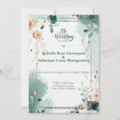 ミニマリストボヘミアンエメラルドとバラ結婚金ゴールド 招待状 (正面)