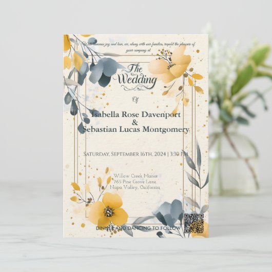 ミニマリストボヘミアンマスタードイエロー&ブルー結婚ズ 招待状 (スタンド正面)