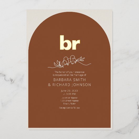 ミニマリストボホテラコッタ焼きオレンジ結婚ズ 箔招待状 (正面)