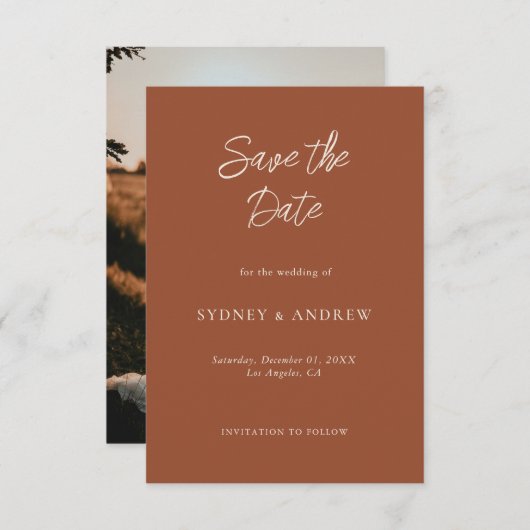 ミニマリストボホテラコッタ秋の結婚式写真 セーブザデート (正面/裏面)