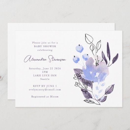 ミニマリストボホパープルフローラベビーシャワー 招待状 (正面/裏面)
